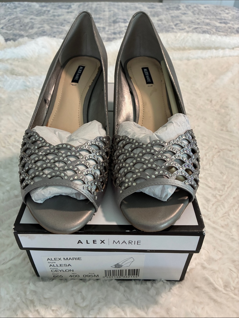 Alex Marie Metallic Silver Peep-Toe Heels with Rhinestone Overlay